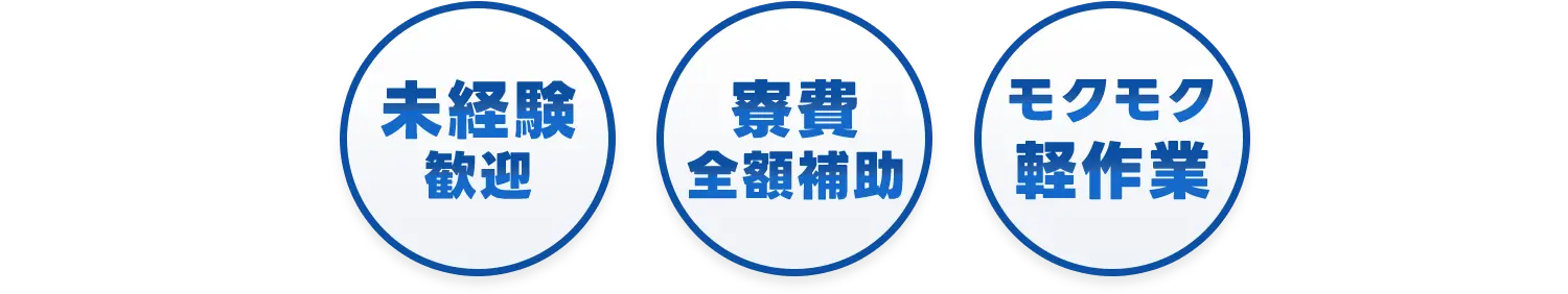 3つのポイント、未経験歓迎、寮費全額補助、モクモク軽作業