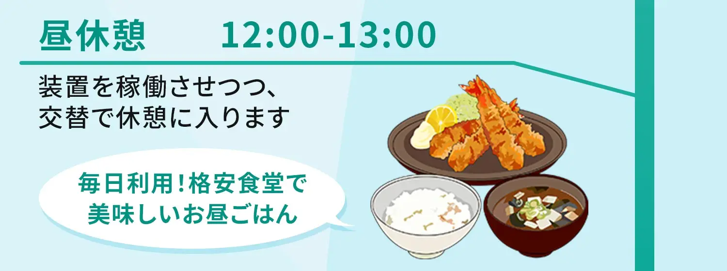 昼休憩12:00-13:00装置を稼働させつつ、交替で休憩に入ります 毎日利用！格安食堂で美味しいお昼ごはん