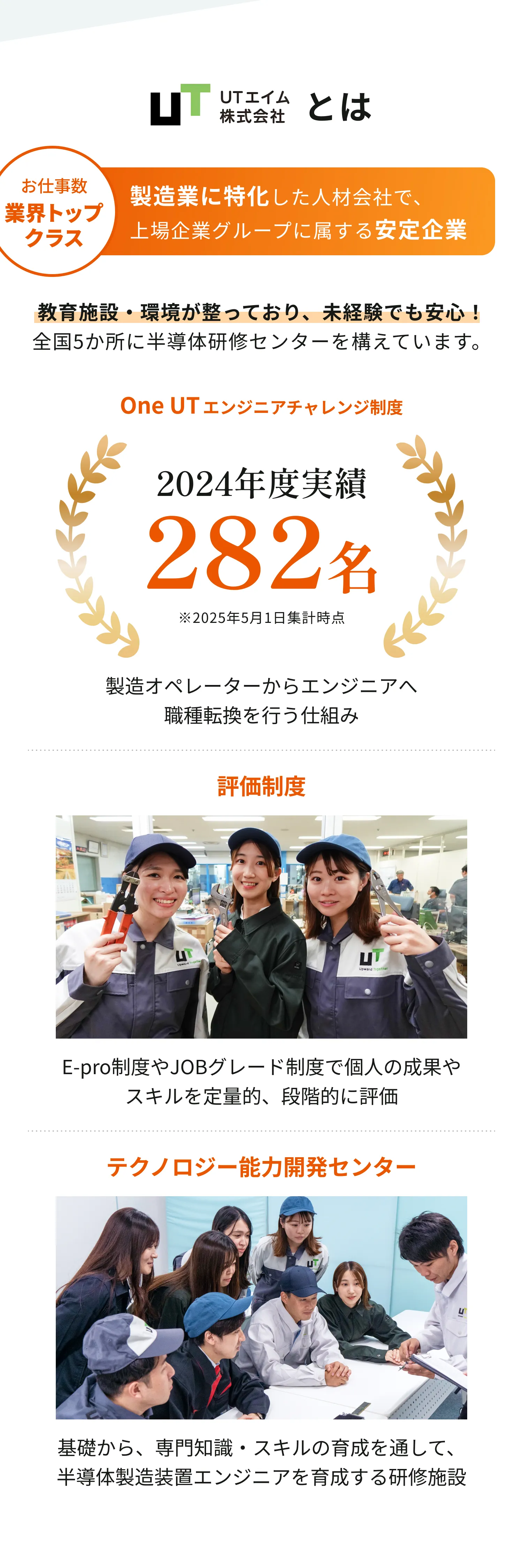 UTエイムとは｜製造業特化・上場企業グループ・全国5か所に半導体研修センター・One UTエンジニアチャレンジ282名・評価制度・テクノロジー能力開発センター