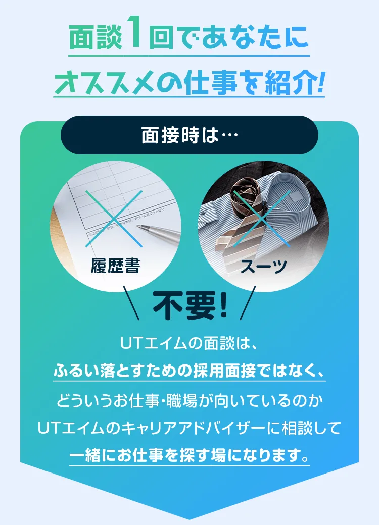 面談1回であなたにオススメの仕事を紹介！ 面接時は… 履歴書・スーツ不要！ UTエイムの面談は、ふるい落とすための採用面接ではなく、どういうお仕事・職場が向いているのか UTエイムのキャリアアドバイザーに相談して一緒にお仕事を探す場になります。